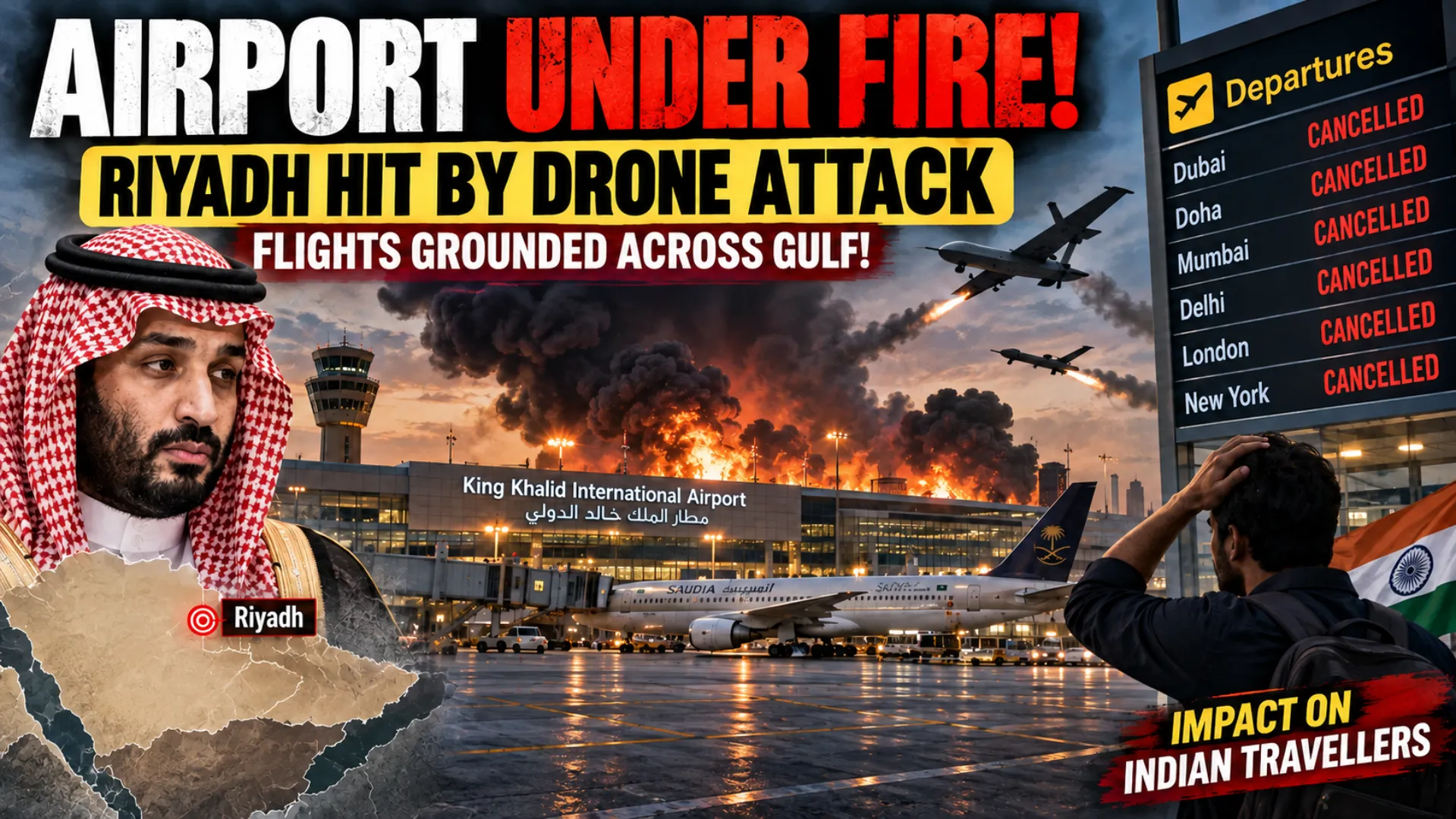 Airport Under Fire Riyadh Hit by Drone Attack, Flights Grounded Across Gulf