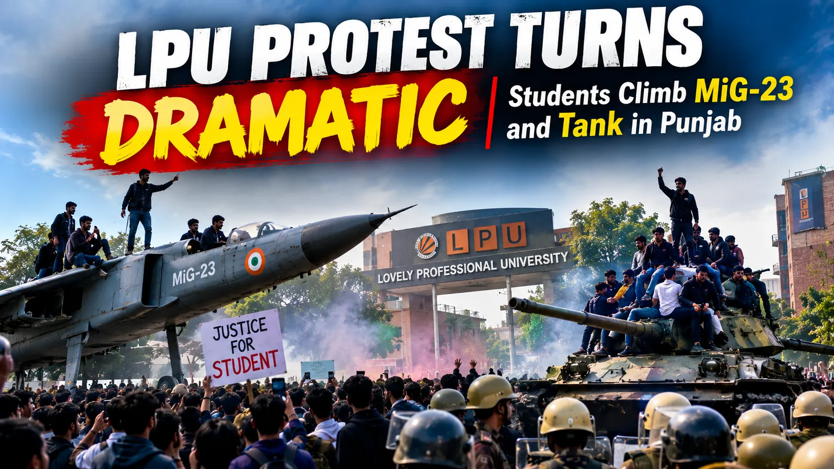 LPU Protest Turns Dramatic As Students Climb MiG 23 And Tank In Punjab