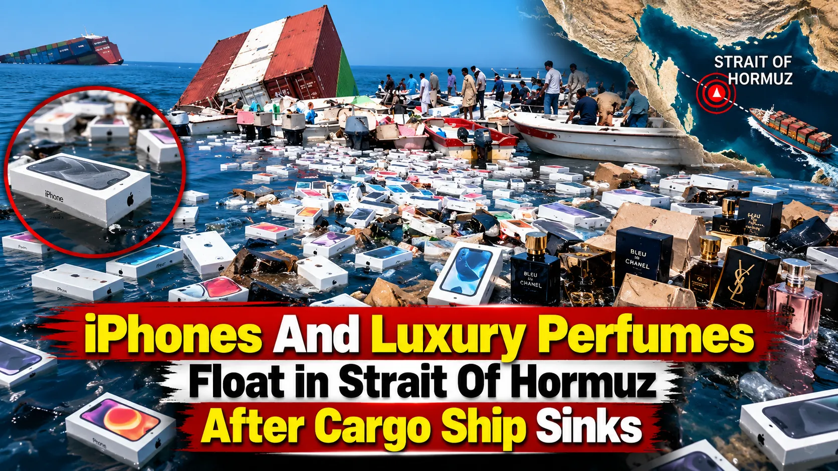 Iranian Fishermen Swarm Strait Of Hormuz To Collect Floating iPhones And Luxury Perfumes After Ship Sinks