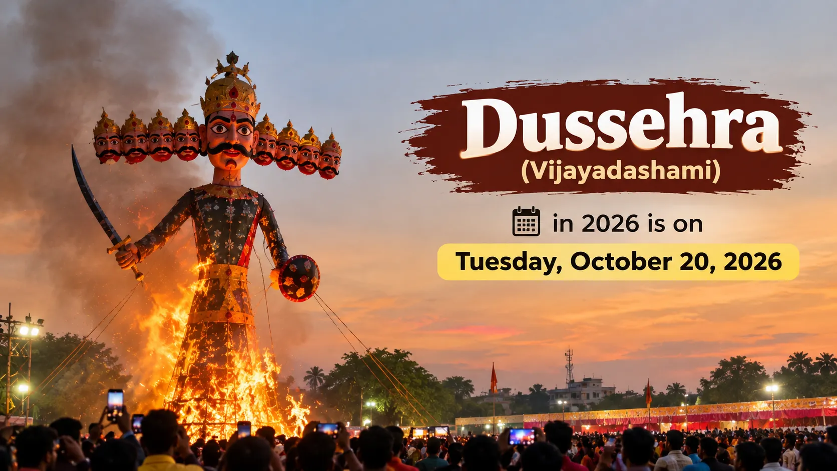 Dussehra (Vijayadashami) in 2026 is celebrated on Tuesday, October 20, 2026