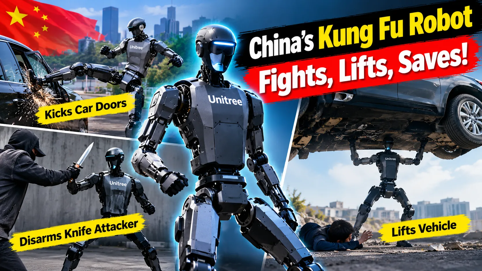 China Kung Fu Robot Goes Viral, Kicks Car Doors, Disarms Knife Attacker and Lifts a Vehicle